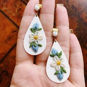 Vintage 60s Embroidered Flower Earrings